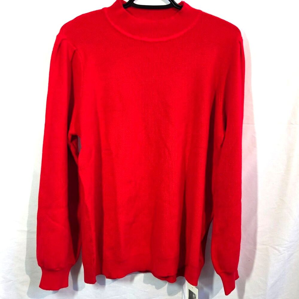 NWT LOMON Mock Neck Ribbed Knit Sweater Puff Sleeve Red Holiday Pullover Top XL